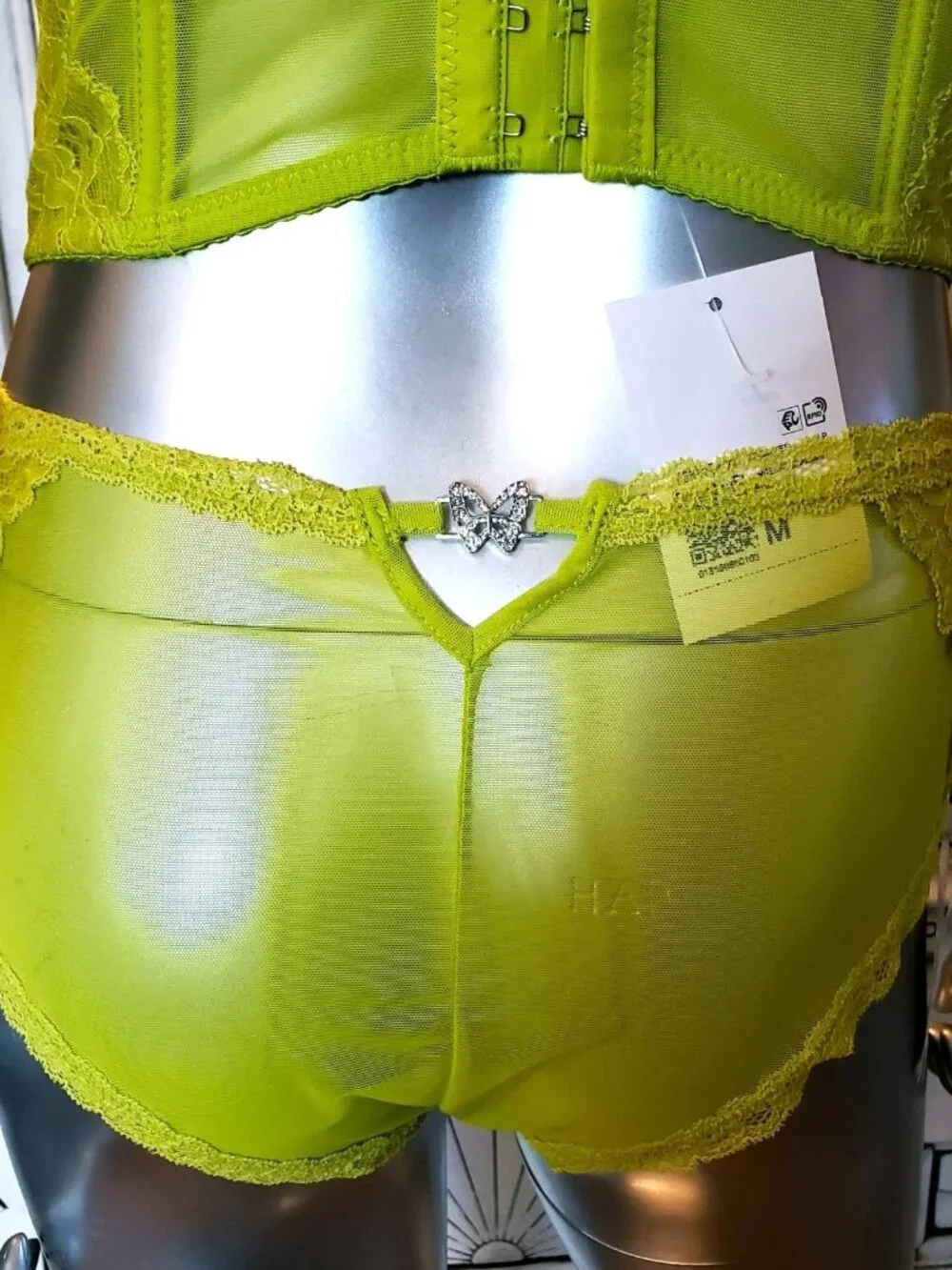 Betsey Johnson Corset Top Bustier Panties Lingerie Green Lace Mesh Butterfly XL - Picture 15 of 16